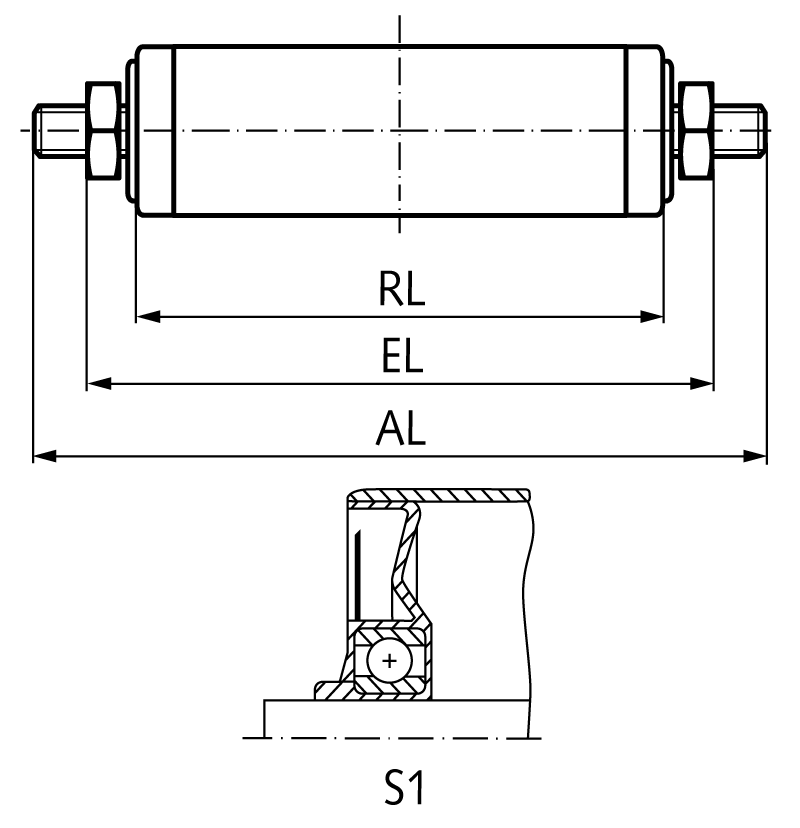 Conveyor roller S1 steel Ø=80mm RL=600mm EL=622mm AL=652mm external thread