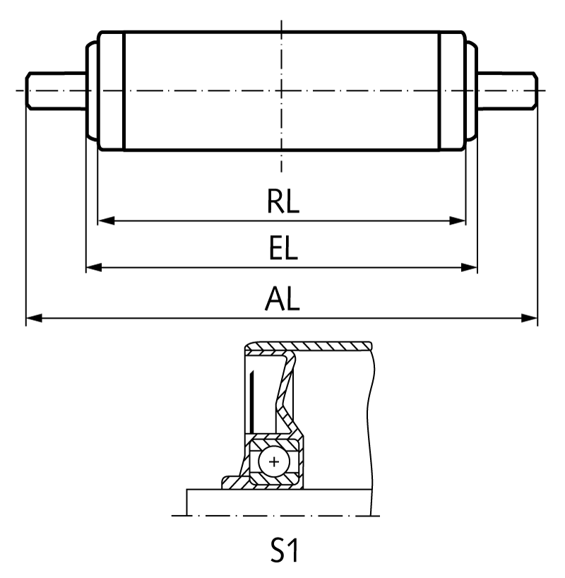 Conveyor roller S1 steel Ø=50mm RL=200mm EL=210mm AL=230mm spring axle