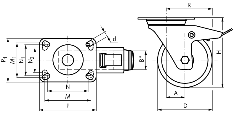 Transport castor with plate Elastic rubber wheel blue swivel castor with brake system wheel Ø 200