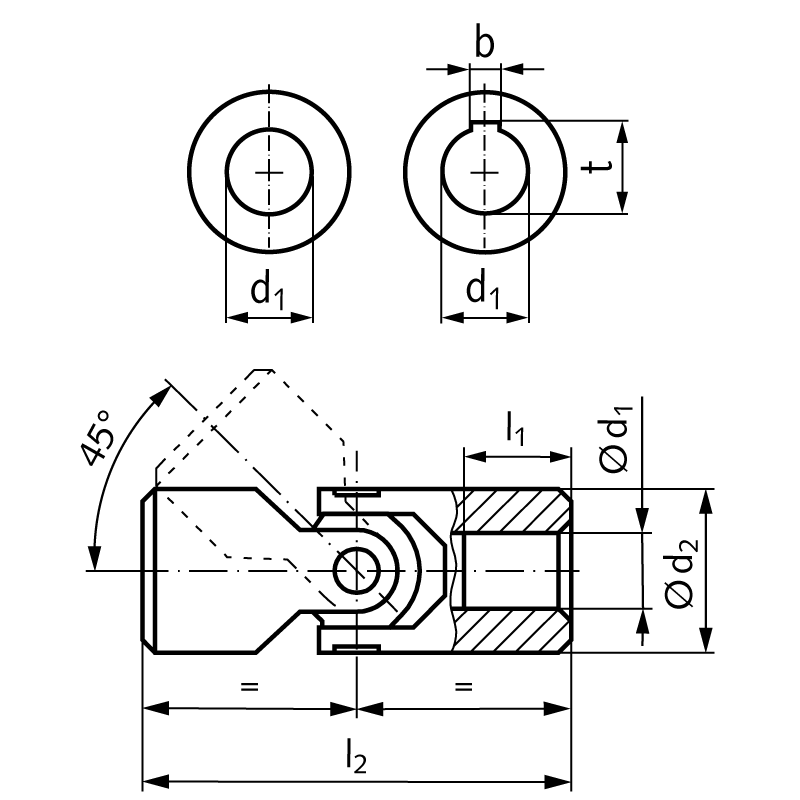 Single universal joint WEL similar to DIN808 bore 22H7 material steel total length 95mm outer diameter 47mm