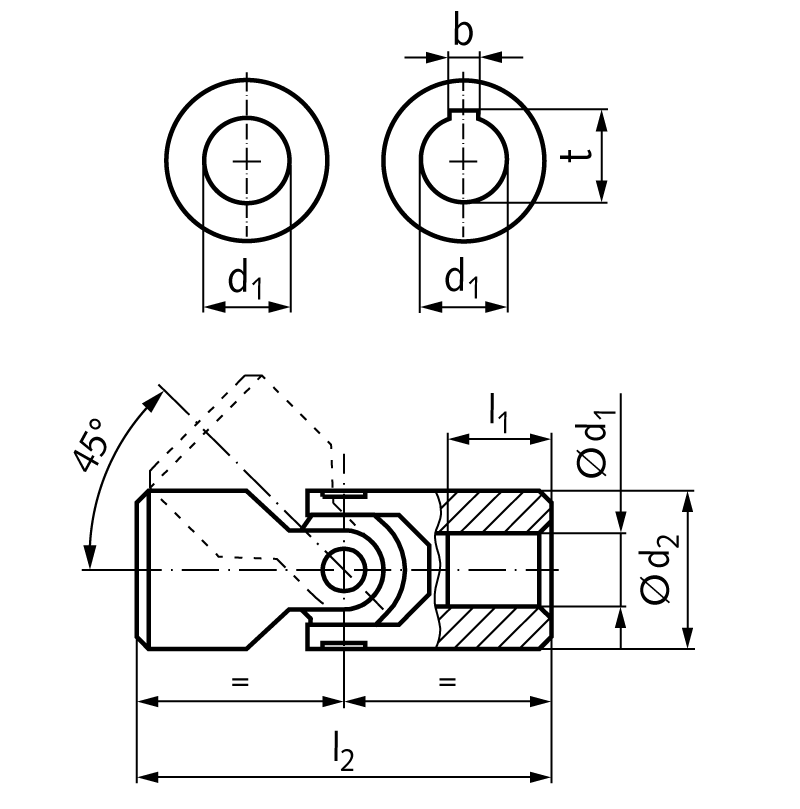 Precision single universal joint WEN with needle bearing DIN808 simple bore 30H7 material steel total length 166mm outer diameter 63mm