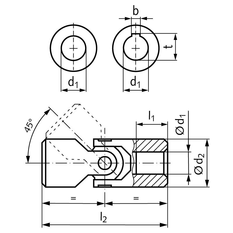 Precision single universal joint WER DIN808 bore 20H7 with keyway DIN 6885-1 tolerance JS9 on both sides stainless steel 1.4301