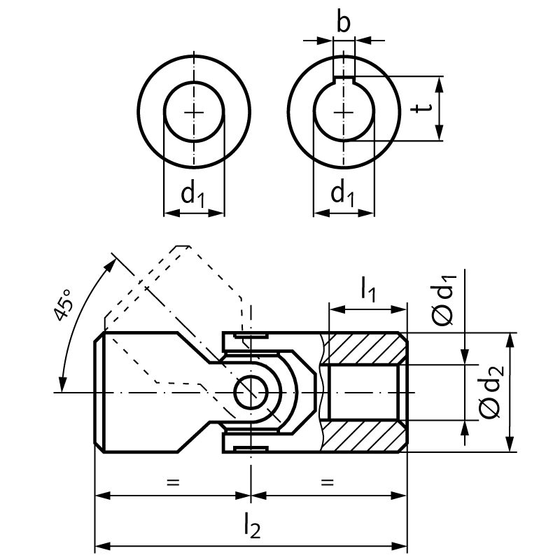 Precision single universal joint WE DIN808 bore 10H7 with keyway DIN 6885-1 tolerance JS9 on both sides steel