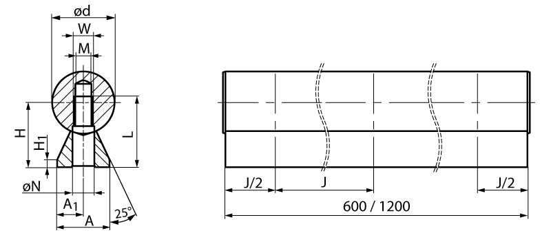 Precision steel shaft with shaft support low version Ø 20h6 x 600mm long
