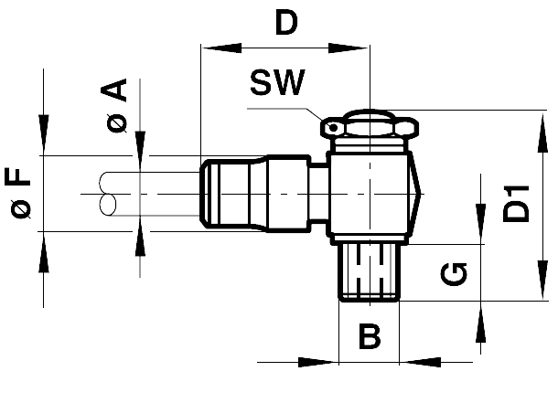 Swivel elbow adaptor with none-return valve to be used on the exhaust side, with sealing ring tube outer diameter 8mm, thread G3/8A