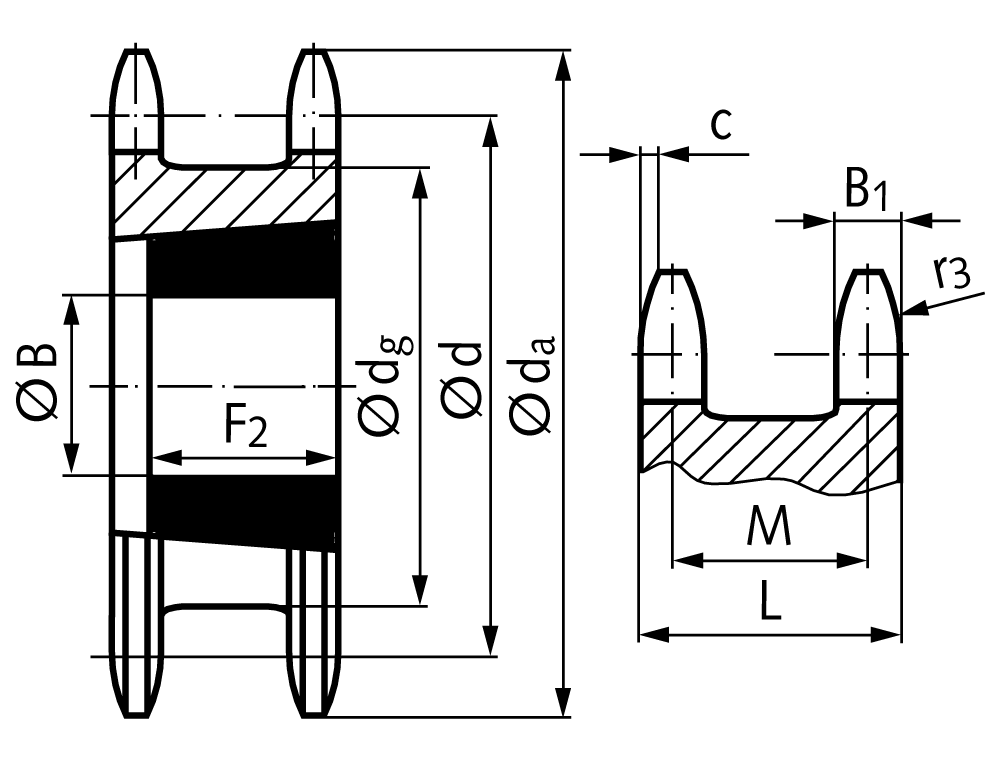 Double sprocket ZRET for 2 single roller chains 10 B-1 19 teeth material steel for taper-bush 1610