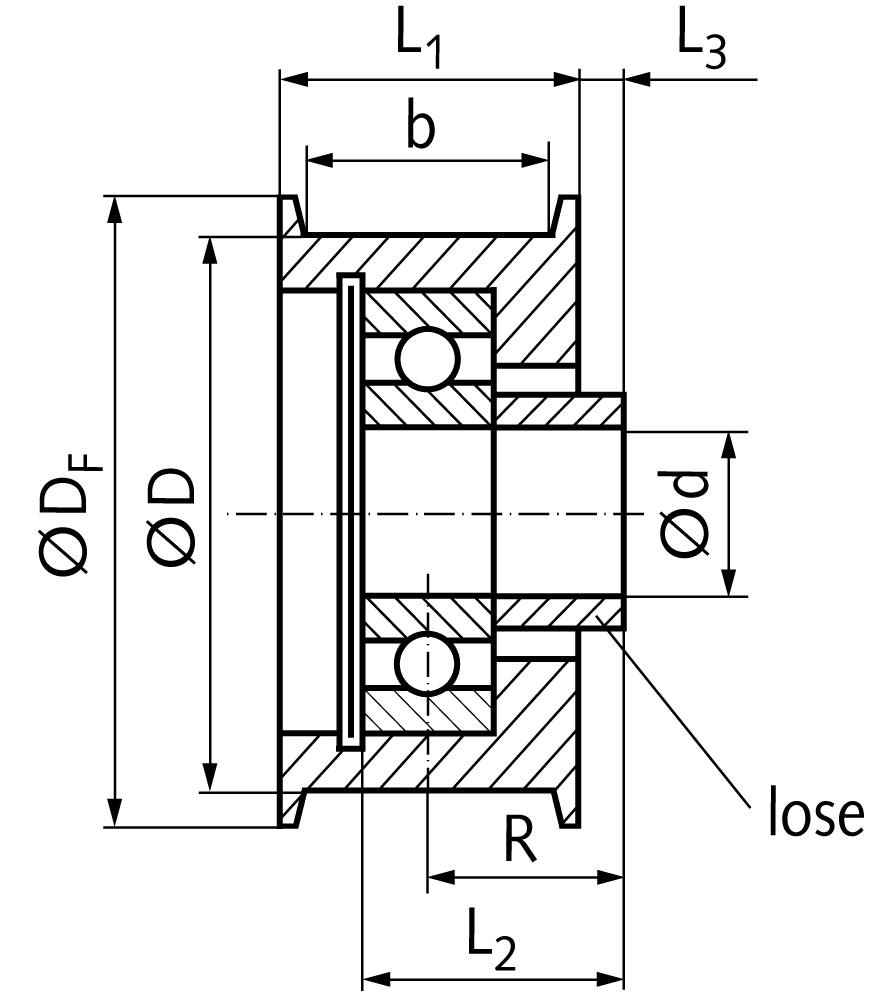 tensioning roller – idler TS nominal size ø60mm x 31mm with separate distance bush for easy assembly