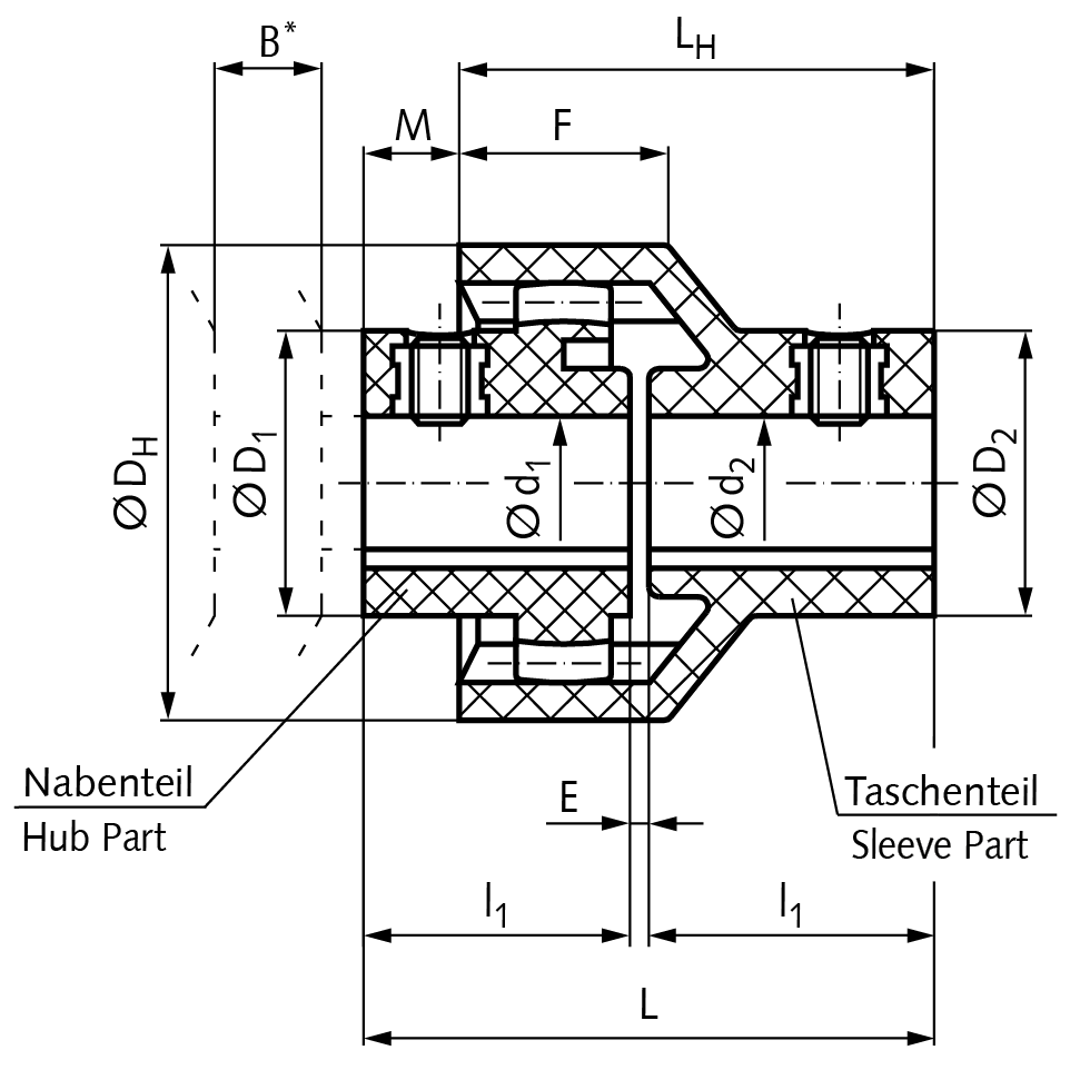 Sleeve part for toothed coupling BW size 14 bore 12mm with keyway material PA6.6
