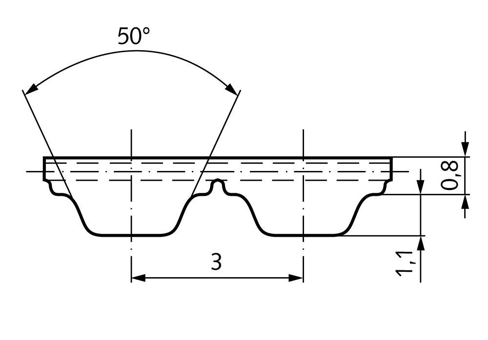 Polyurethane timing belt AT3 width 10mm Lw 399mm 133 teeth 10AT3/399