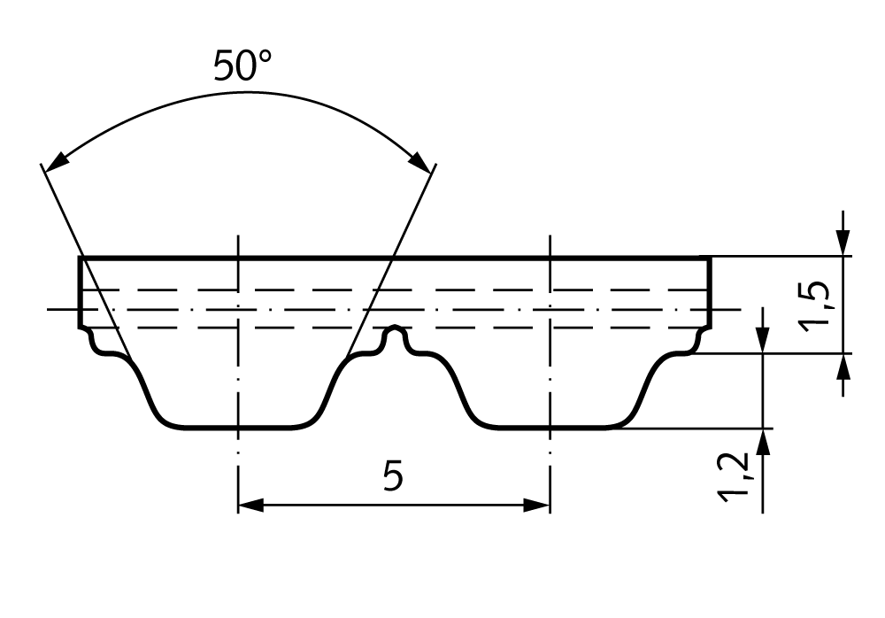 Polyurethane timing belt AT5 width 25mm Lw 300mm 60 teeth 25 AT5/300