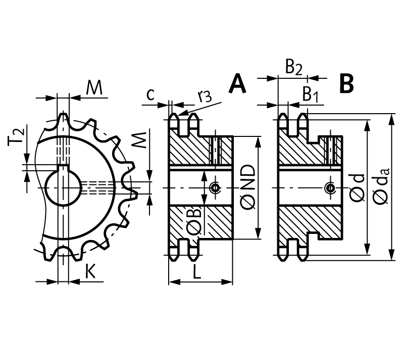 Double-strand sprocket ZRF with hub 08 B-2 15 teeth material steel bore 30H7 keyway DIN 6885/1 2 set screw threads teeth induction hardened