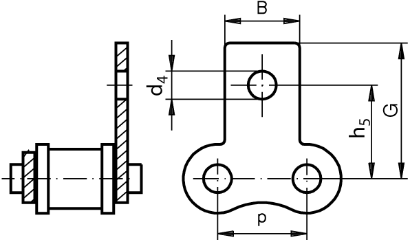 Chain connecting link type 11 / E with straight attachments 08 B-1-M1 attachments slim version on one side