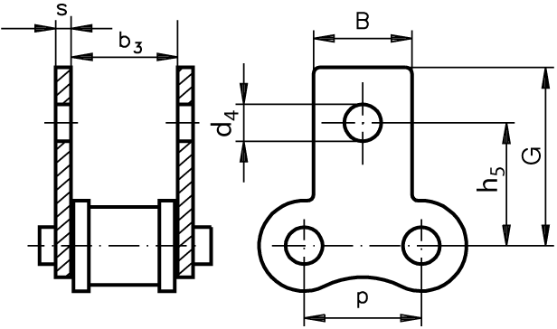 Chain connecting link type 11 / E with straight attachments 12 B-1-M1 attachments slim version on both sides stainless steel 1.4301