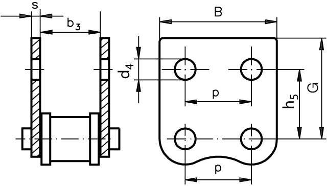 Chain connecting link type 11 / E with straight attachments 16 B-1-M2 attachments wide version on both sides