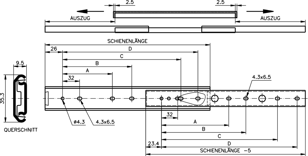 Slide set DZ 2026 slide length 600mm zinc plated
