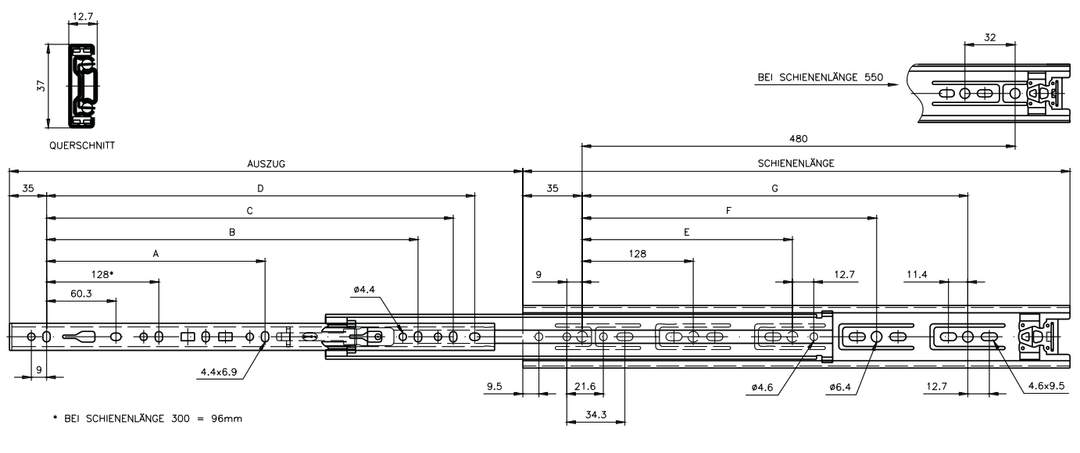 Slide set DZ 3732 slide length 500mm zinc plated