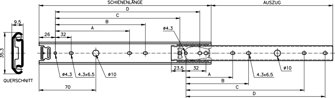 Slide set DS 2028 slide length 550mm stainless steel