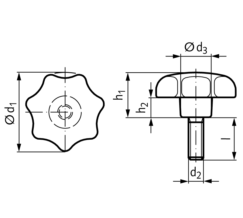 Star knob similar DIN 6336 type GV Technopolymer PA6GV ø40 M8x20