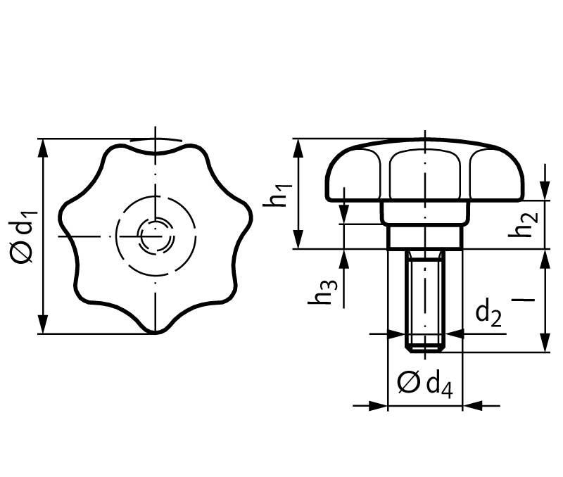 Star knob screw similar to DIN 6336 type TE Ø32mm M6 x 25