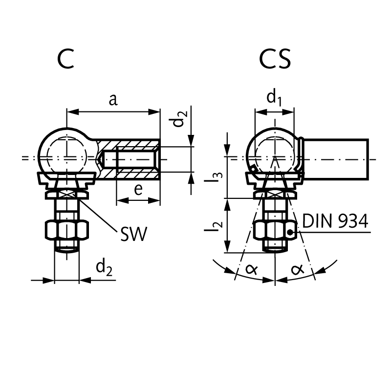 Angle joint DIN 71802 type CS with safety circlip size 13 thread M8 left with nut steel zinc-plated with mounted sealing cap