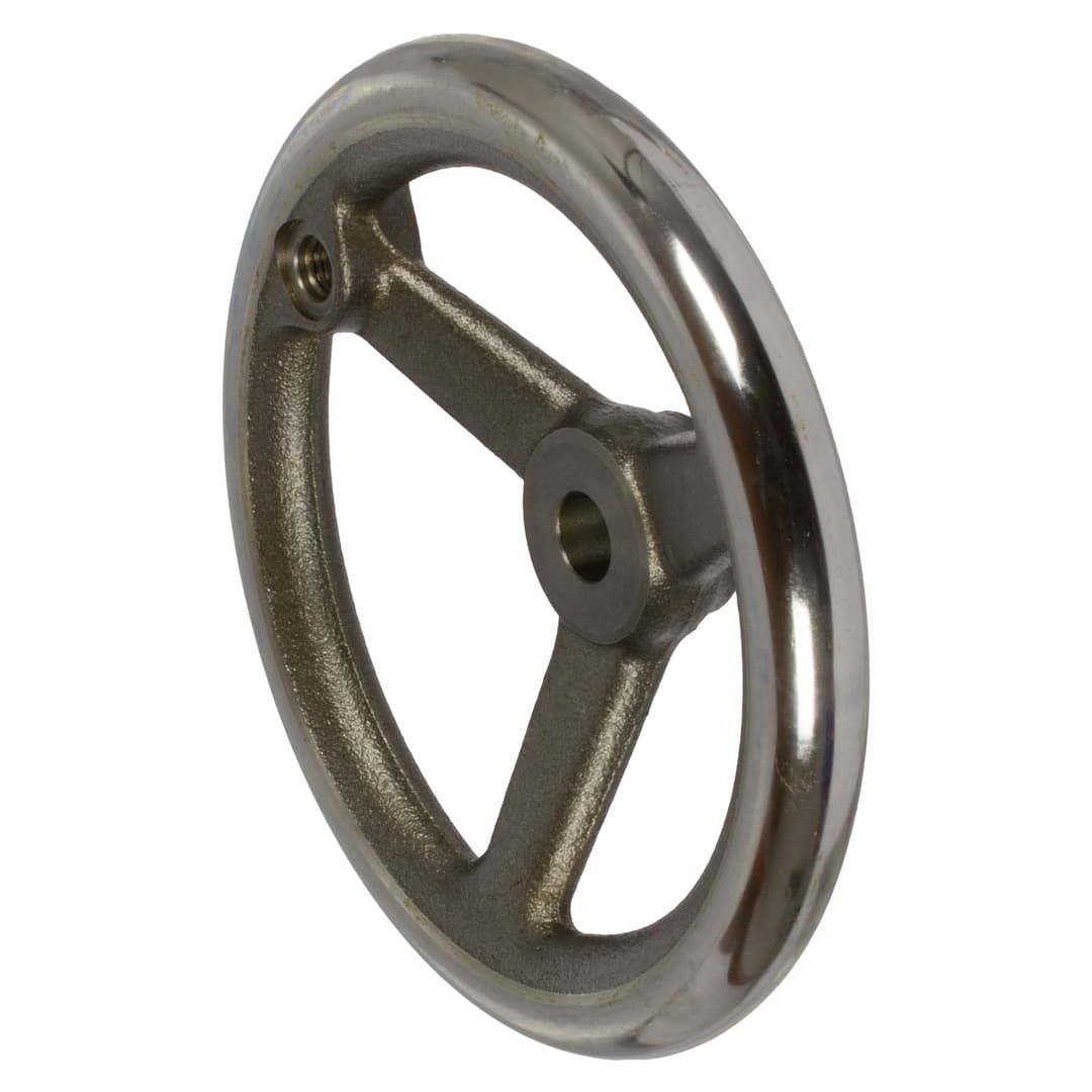Spoked handwheel DIN 950 cast iron 3 spokes rim turned and polished version B/G diameter 100mm with thread hole for machine handle