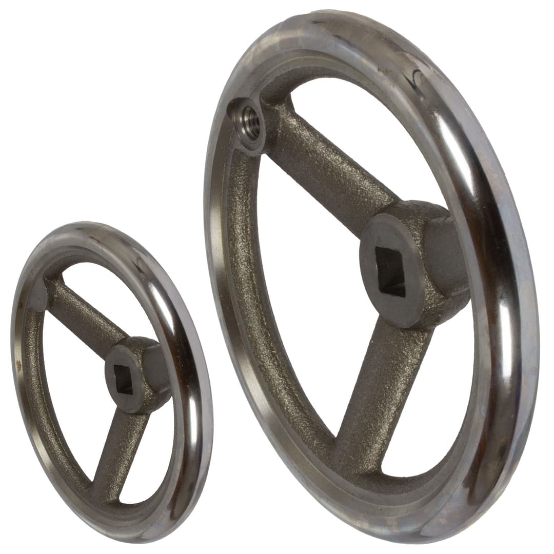 Spoked handwheel DIN 950 cast iron 3 spokes rim turned and polished version V/G diameter 200mm square bore 17mm with thread hole for machine handle