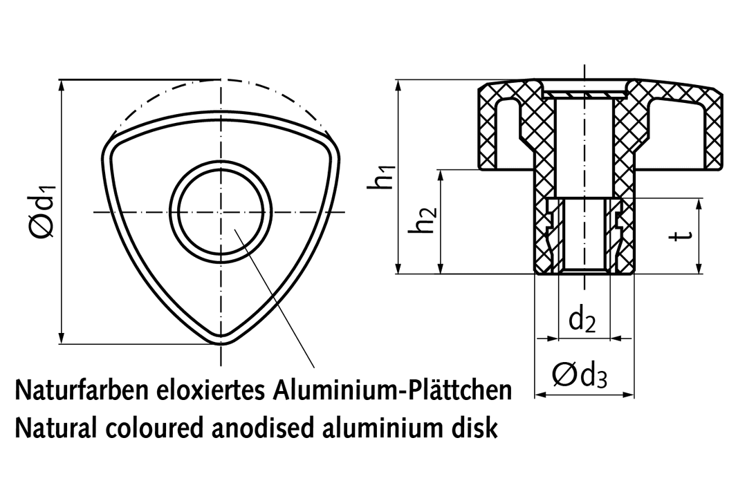 Triangular knob made from thermoplast d1 = 32mm internal thread M5
