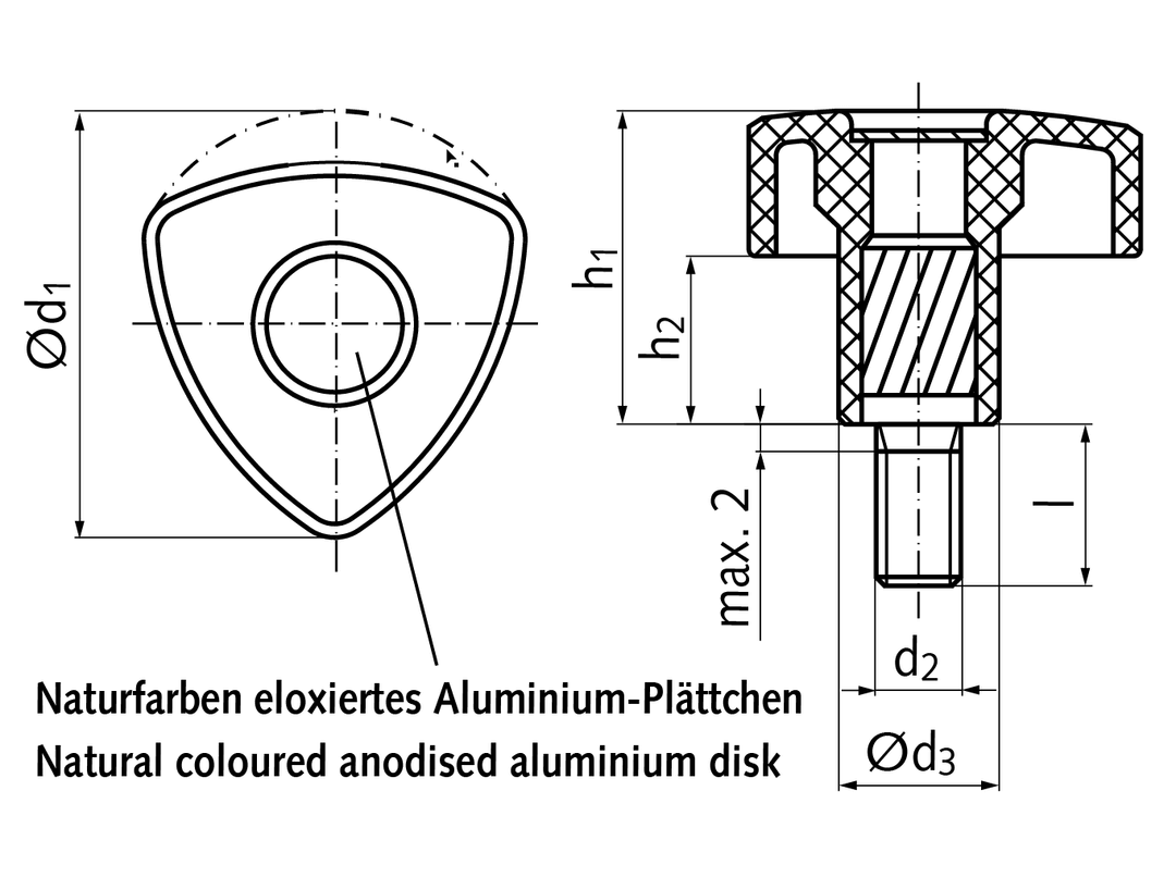 Triangular knob screw made from thermoplast d1 = 50mm external thread M8 x 50mm