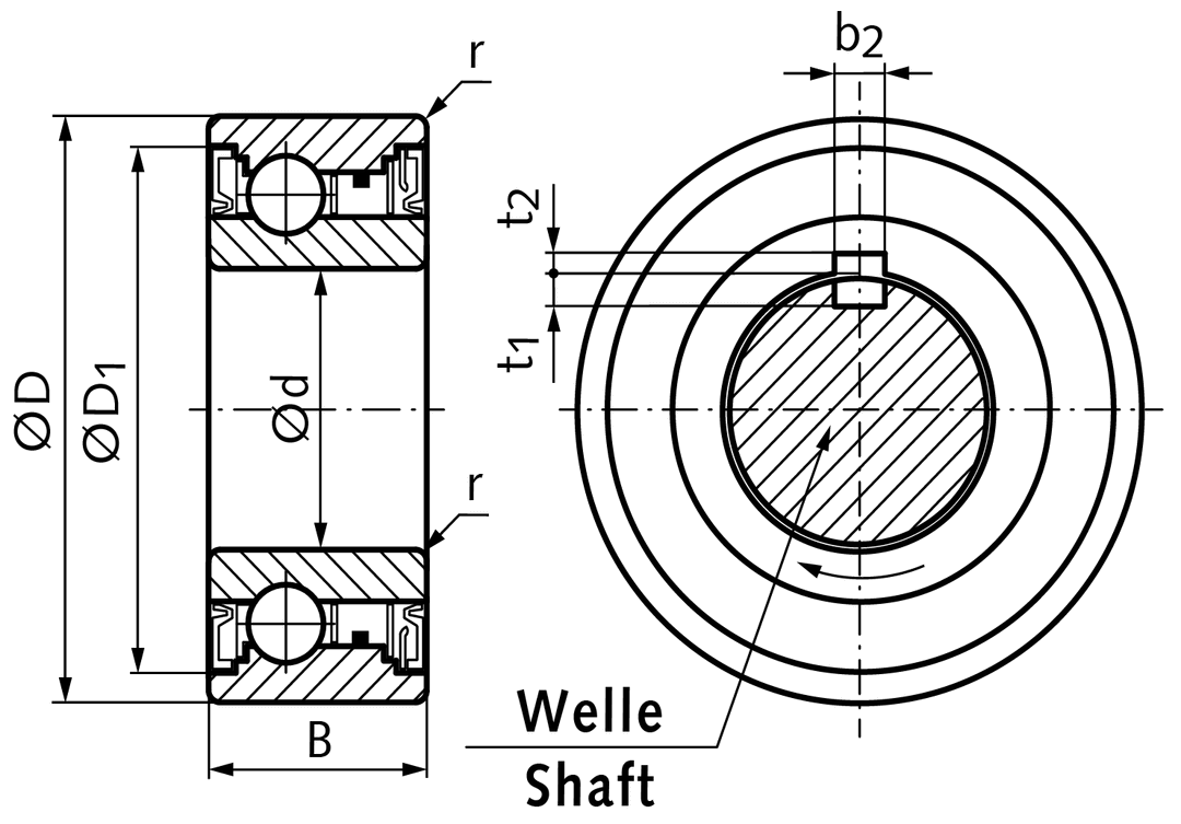 Ball bearing freewheel BB15-2GD 1K-K inner diameter 15mm outer diameter 35mm width 16mm with lip seals and keyway