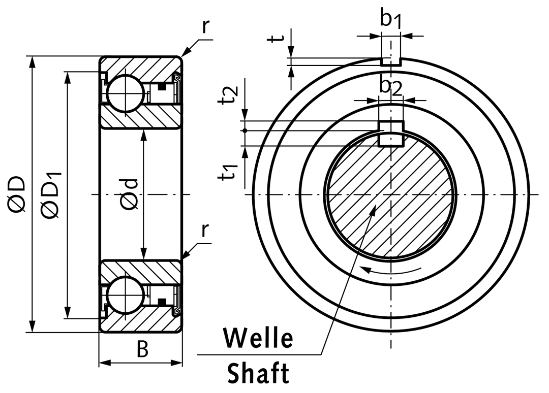 Ball bearing freewheel BB35-2K-K inner diameter 35mm outer diameter 72mm width 17mm with keyways at inner and outer ring