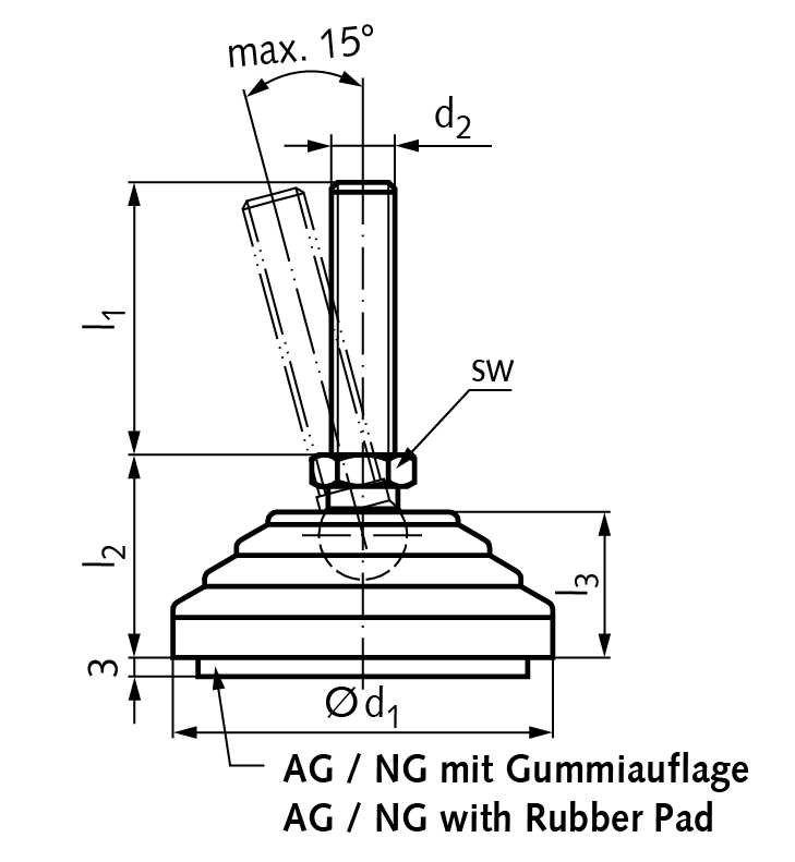 Leveling foot 344 type A M16 x 68mm long foot diameter 80mm