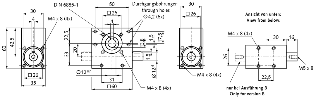 Worm gear unit KES 20 version B center distance 20mm ratio 30:1 output hollow shaft 12mm
