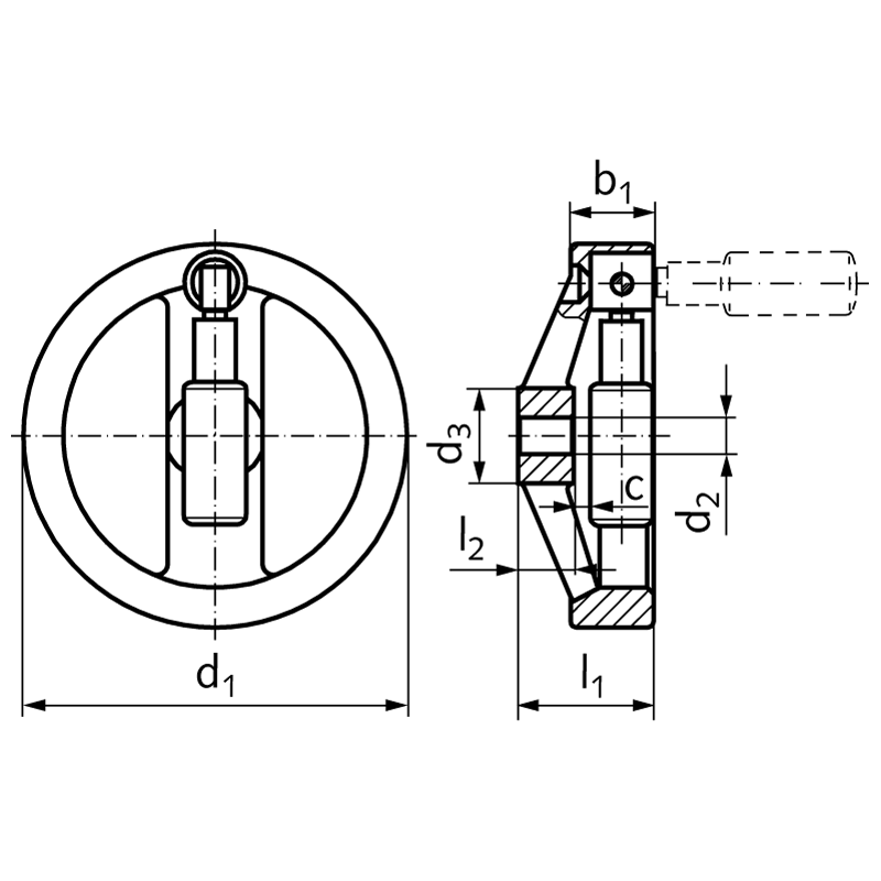 Handwheel with retractable handle 3223 made of aluminium version B/G diameter 160mm