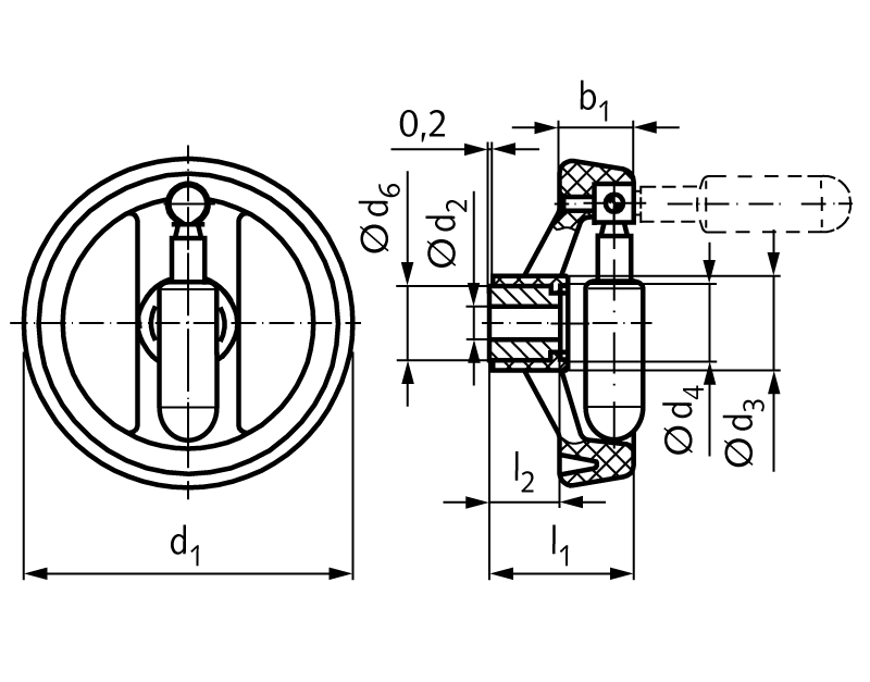 Retractable handwheel 5223 material plastic version N/G diameter 200mm with bore 20H7 and keyway