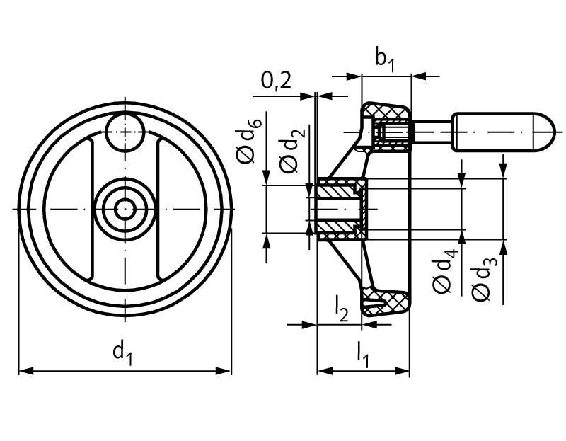 Spoked handwheel 522 made of plastic with revolving cylindrical handle diameter 80mm