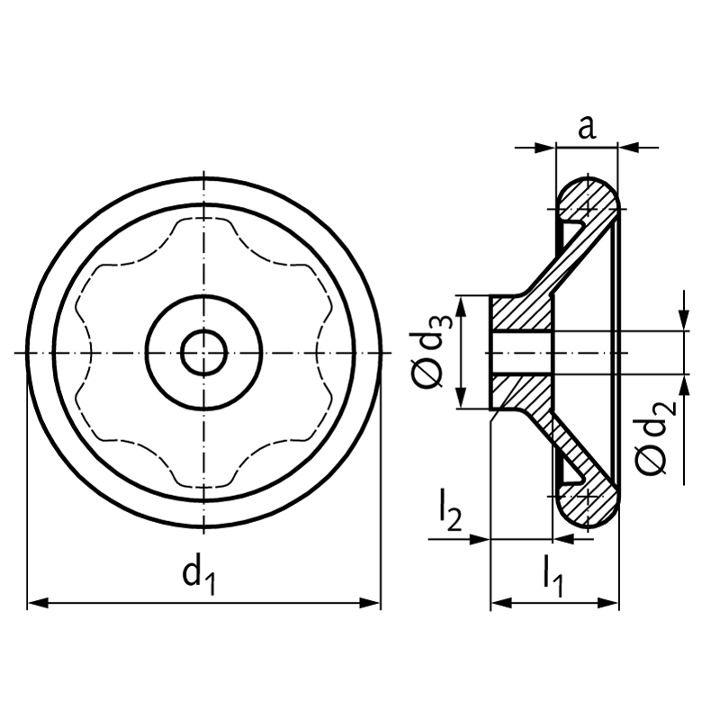 Solid-Disk handwheel DIN 3670 with recessed grips version B diameter 200mm