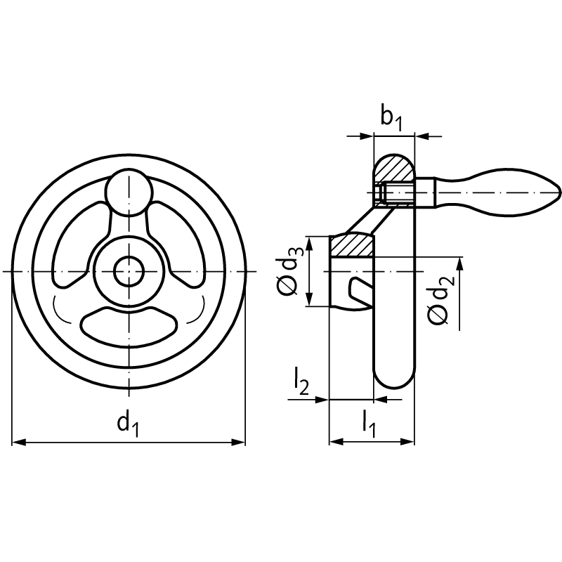 Spoked handwheel DIN 950 cast iron 3 spokes rim turned and polished version B/G diameter 100mm with thread hole for machine handle