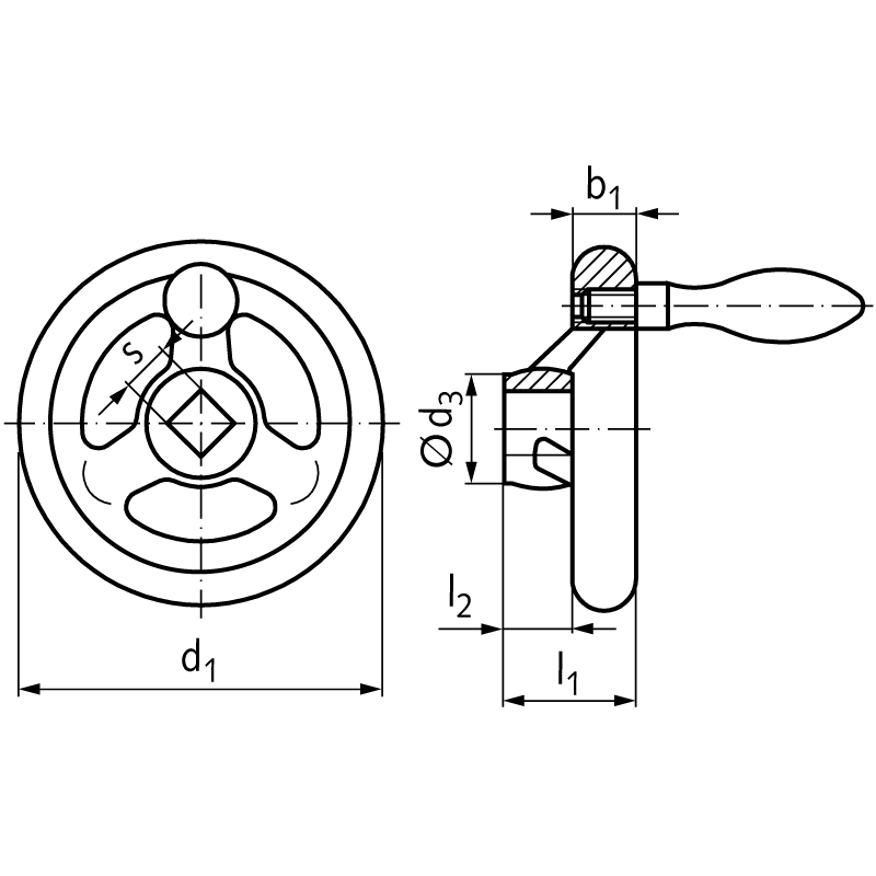 Spoked handwheel DIN 950 cast iron 3 spokes rim turned and polished version V/G diameter 200mm square bore 17mm with thread hole for machine handle