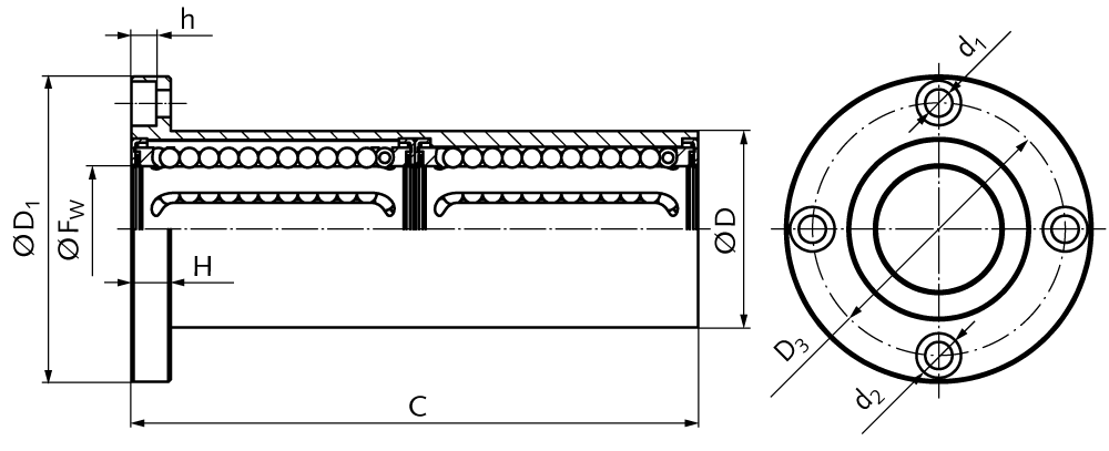 Tandem linear ball bearing KBT-ST-FL with round flange sealed on both sides for shaft Ø 8mm long version