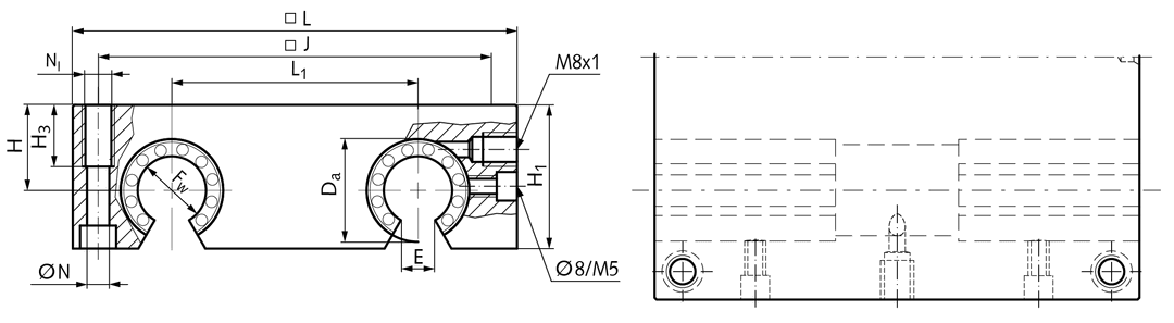 Quadro linear bearing unit KGQ-3-O ISO series 3 Easy-Line with linear ball bearings with angular compensation with seals for shaft Ø 40mm open design