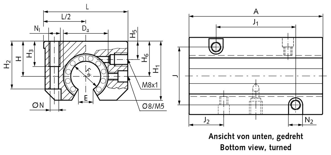 Tandem linear bearing unit KGT-3-O ISO series 3 Easy-Line with linear ball bearings with angular compensation with seals for shaft Ø 12mm open design