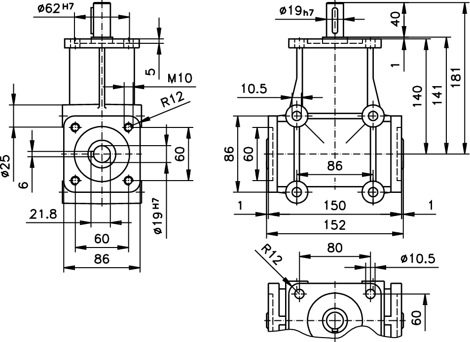 Bevel gearbox DZA, type H, size 3, i=1:1