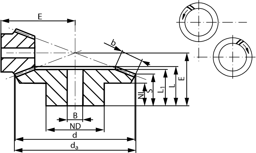 Bevel gear set spiral toothed module 1 number of teeth 16/64 i=4:1 material steel 42CrMo4 teeth hardened