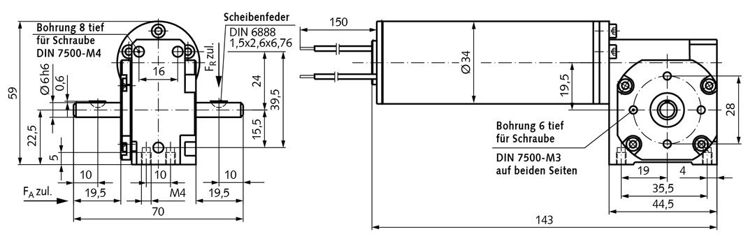 Small geared motor SE with DC motor 24V size 1 n2=522 rpm i=11.5:1
