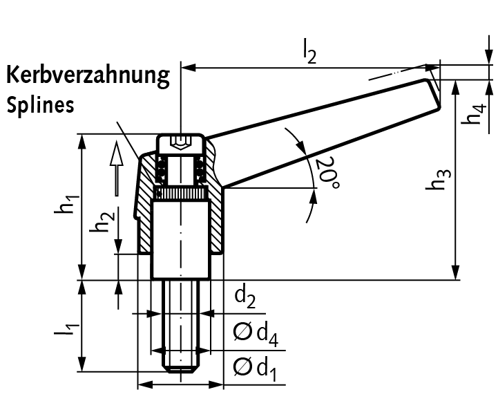 Adjustable clamping lever 120 version G with external thread M12 x 25mm lever length L2 = 89mm