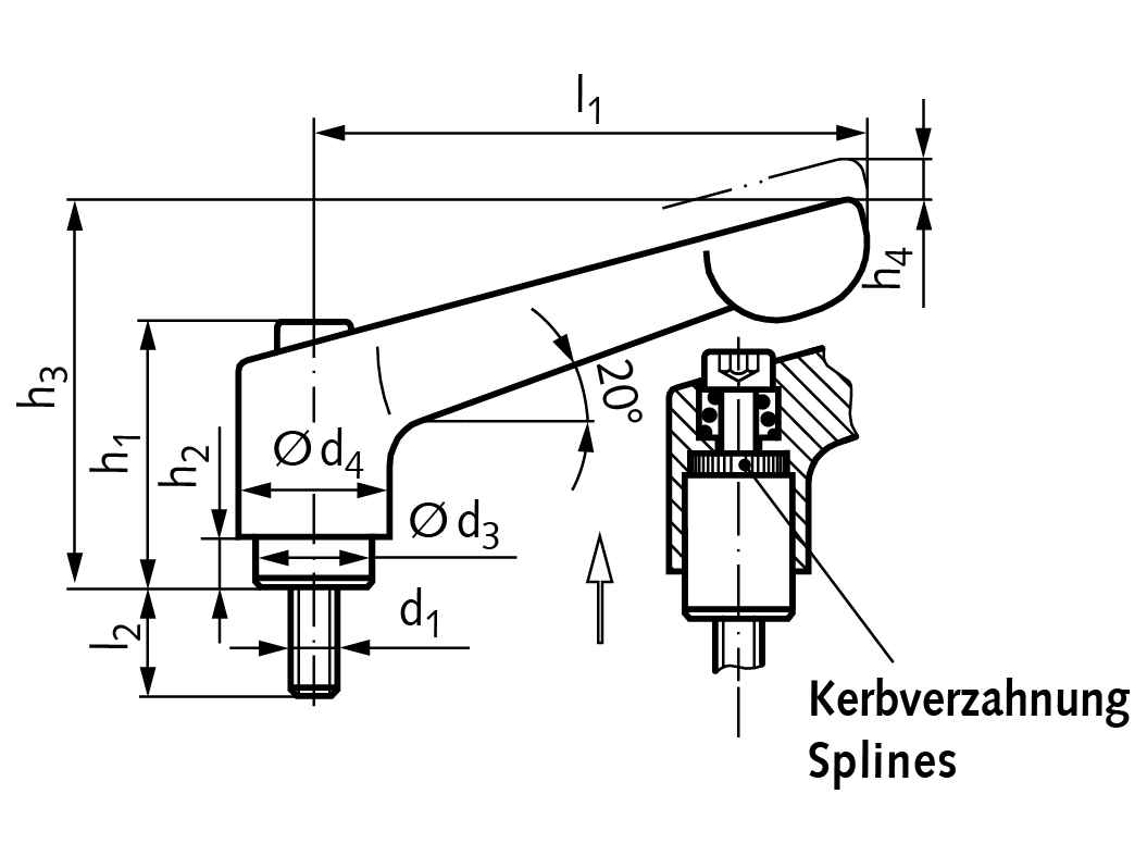 Adjustable clamping lever 300 version G with external thread M6 x 20mm lever length L1 = 45mm