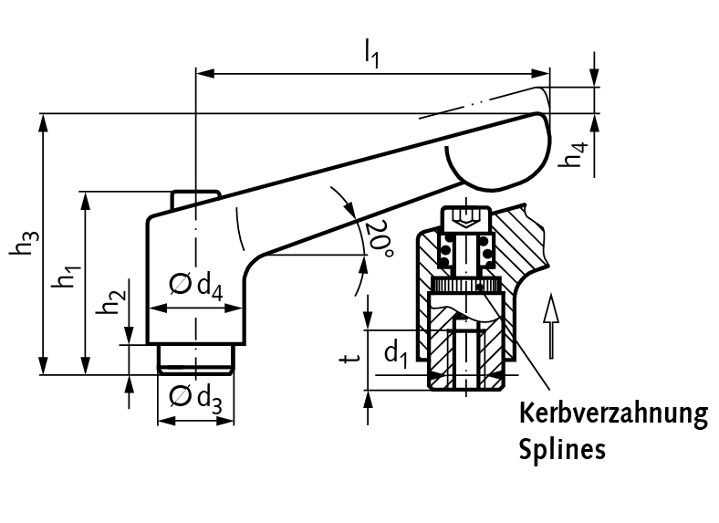 Adjustable clamping lever 300.5 version IS-N with internal thread M8 lever length L1 = 63mm stainless steel