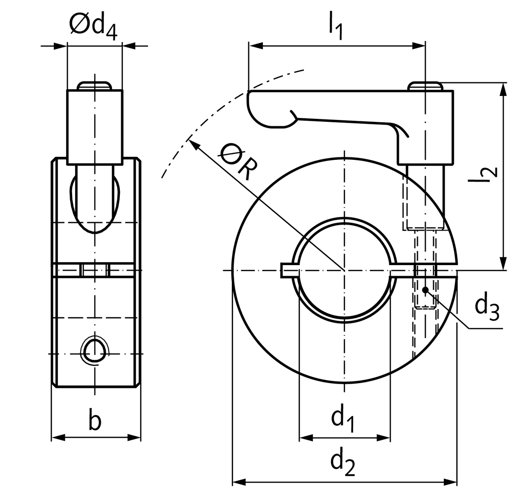 Clamp collar single-split steel C45 black oxide finished bore 6mm with adjustable clamp lever M3 x 10 length 22mm