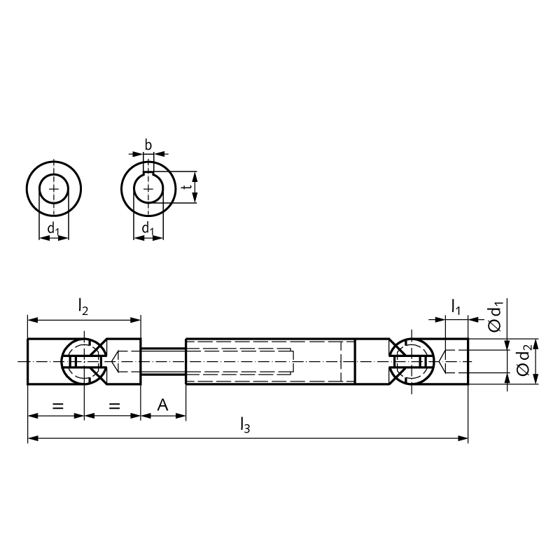 Slip shaft LW with ball joints bore 20H7 with keyway DIN 6885-1 on both sides outer diameter 40mm steel