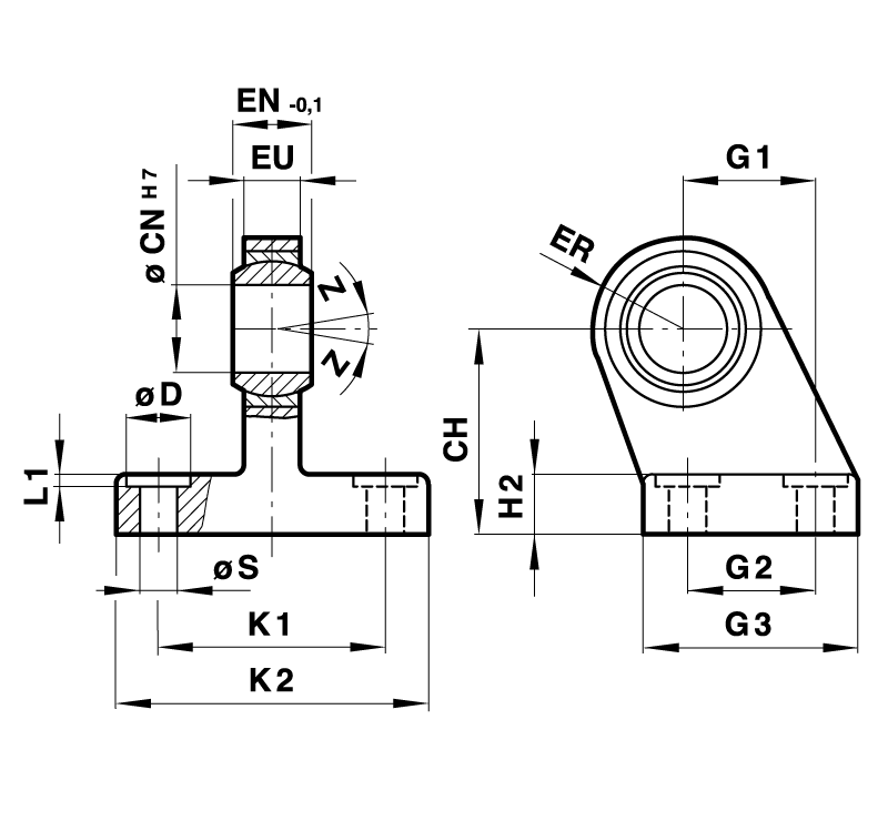 Bracket hinge for clevis mounting with spherical bearing for cylinder diameter 50mm